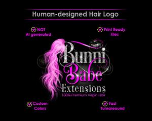 Hair Extension logo design with pink hair and glitter lettering, print ready files, all human designed 
